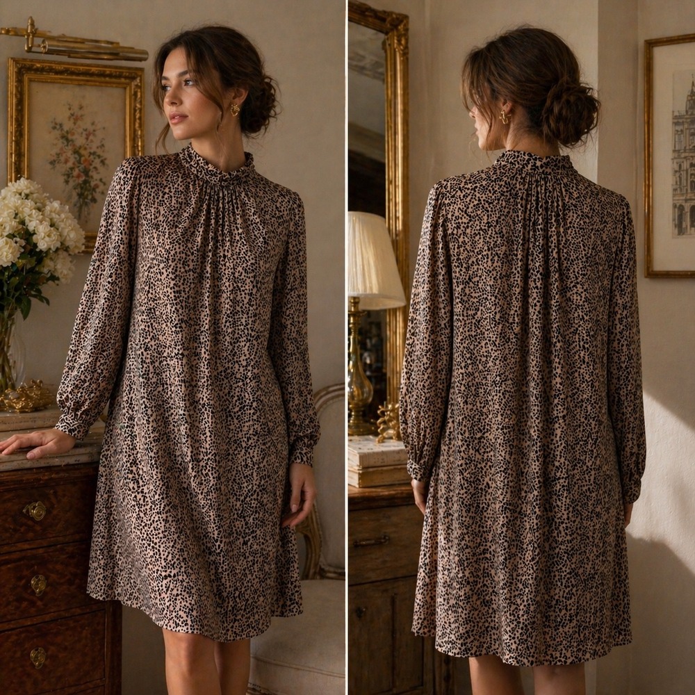 Spencer Jeremy Woman 100% Silk Chic Leopard Print Mock Neck Lined Shift Dress 22